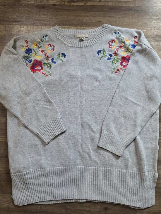 Woman Within Sweaters - Woman Within Light Gray Crewneck Sweater with Multicolor Floral Embroidery